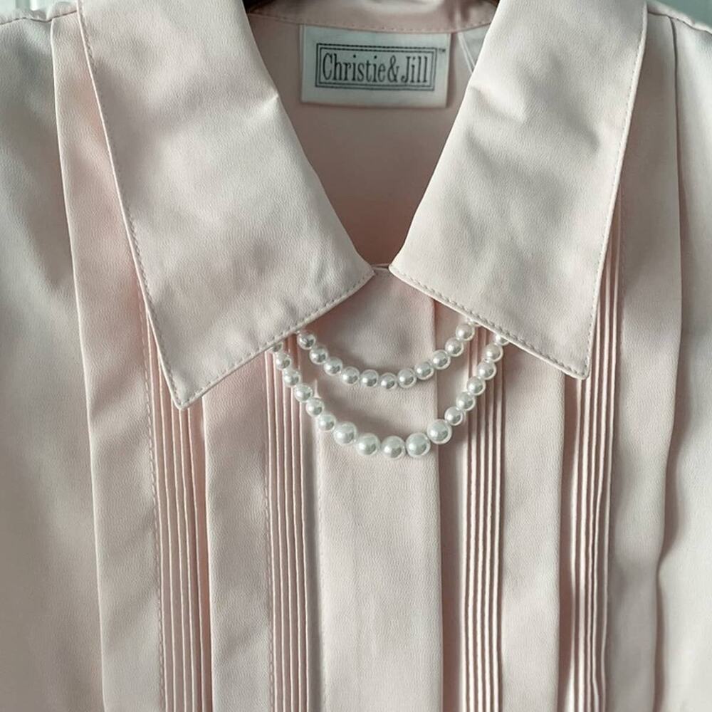 Christie & Jill Vintage Blush Pink Pintuck Secretary Blouse Pearl Chain Size 8 - Picture 3 of 9